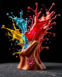 This captivating artwork features a low-angle perspective of sculptural clay art, brought to life with dynamic and colorful s