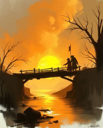 A digital sketch captures an old wooden bridge over a river at sunset in a dynamic, unfinished concept art style. The scene i