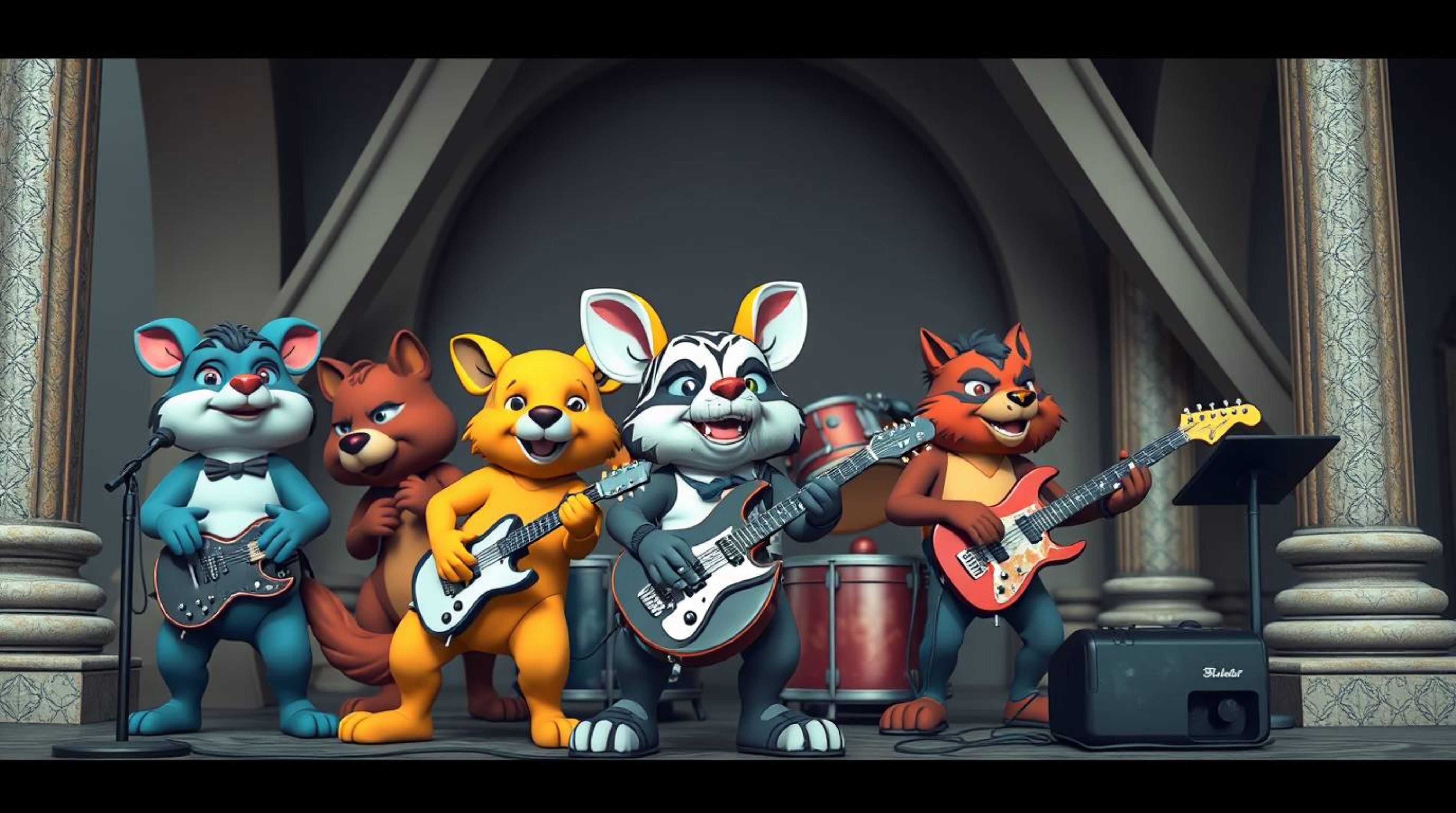 Discover stunning architectural color photography featuring a cartoon animal rock band. The images showcase sharp lines, det