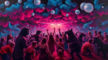 Immerse yourself in a rich burgundy and deep blue oil painting depicting a captivating animal dance party. Set under intense,