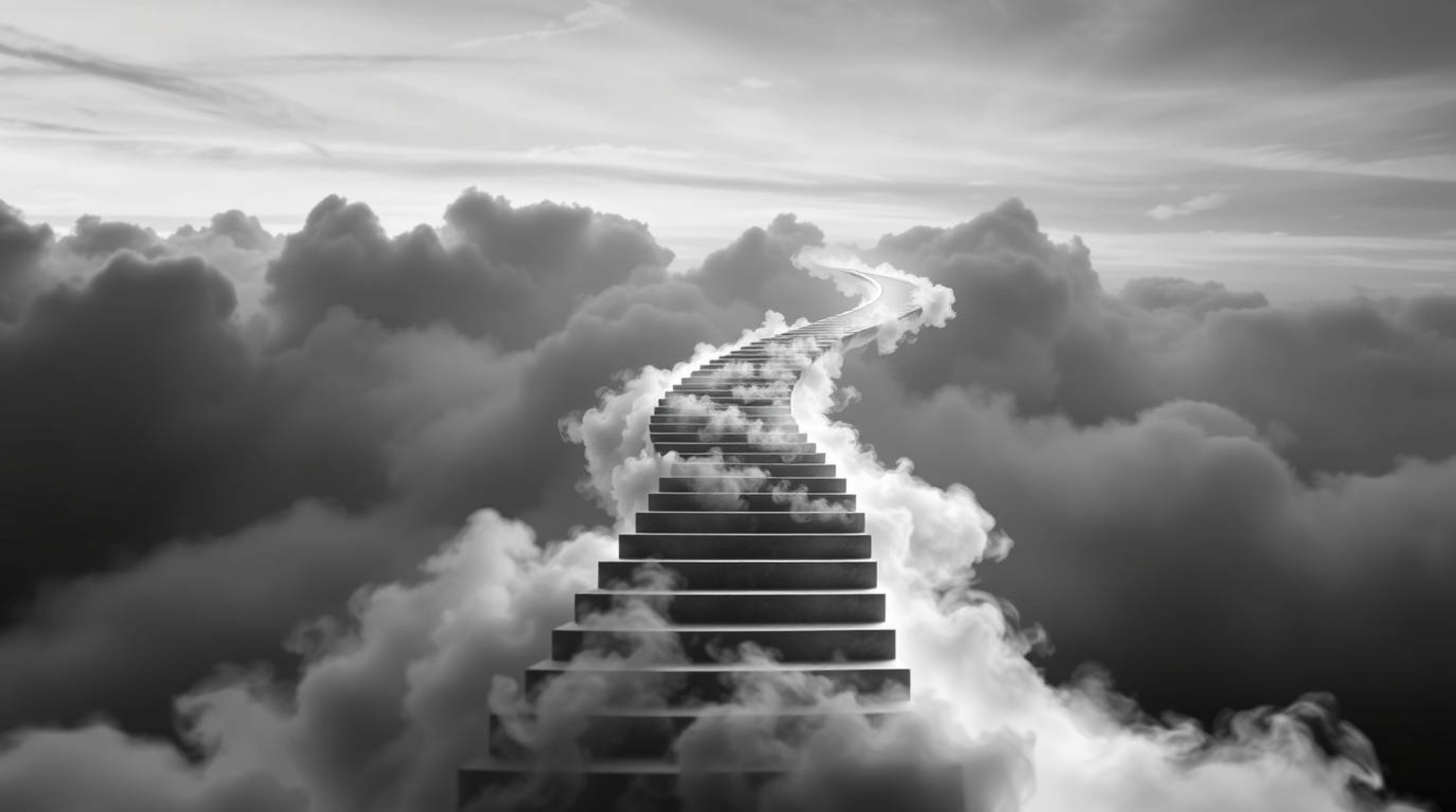 A mesmerizing black and white photograph captures a winding stairway crafted from smoke and light, ascending towards a vast, 