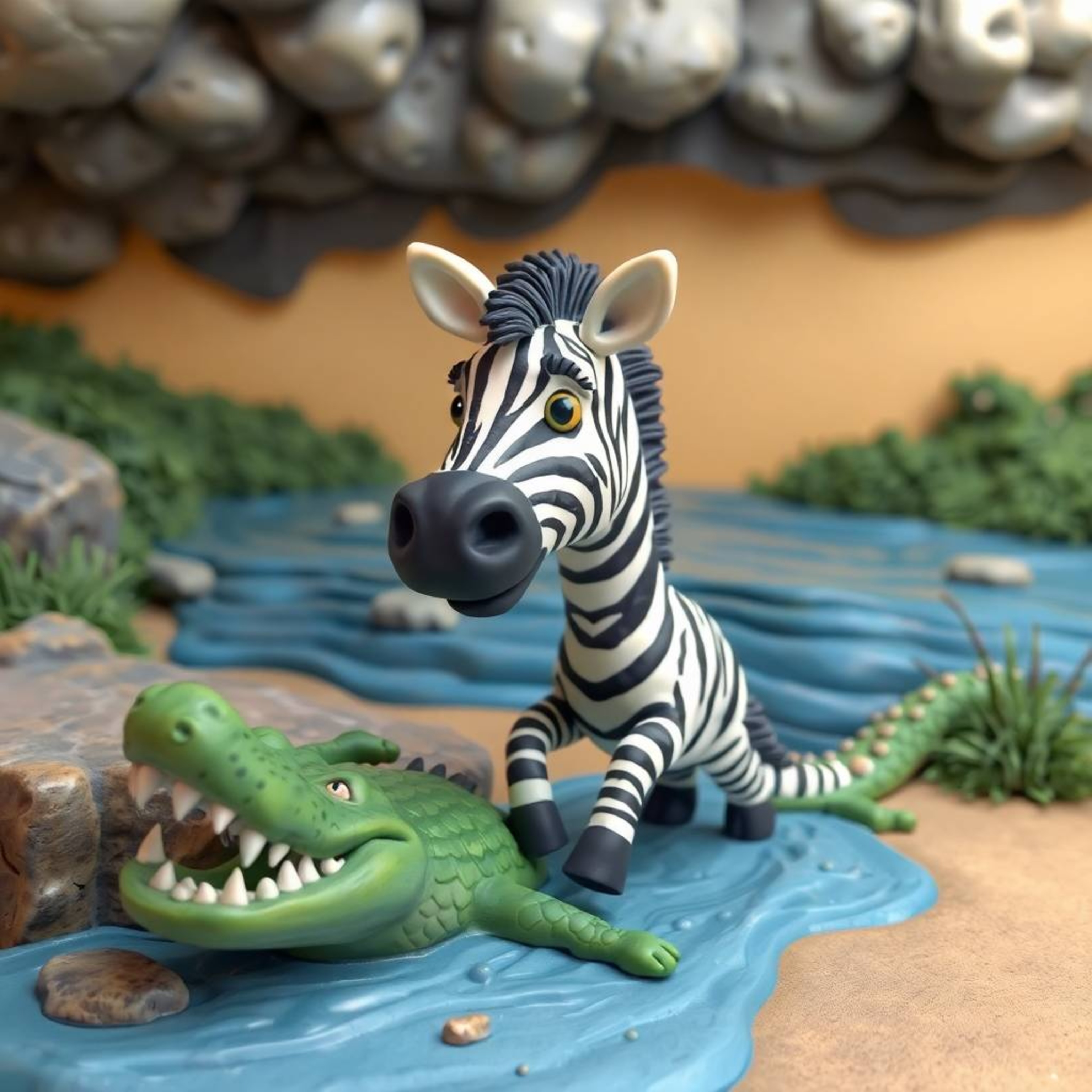 This sculptural clay art piece captures a dramatic scene of a 3D cartoon zebra desperately escaping a crocodile near a riverb