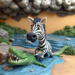 This sculptural clay art piece captures a dramatic scene of a 3D cartoon zebra desperately escaping a crocodile near a riverb