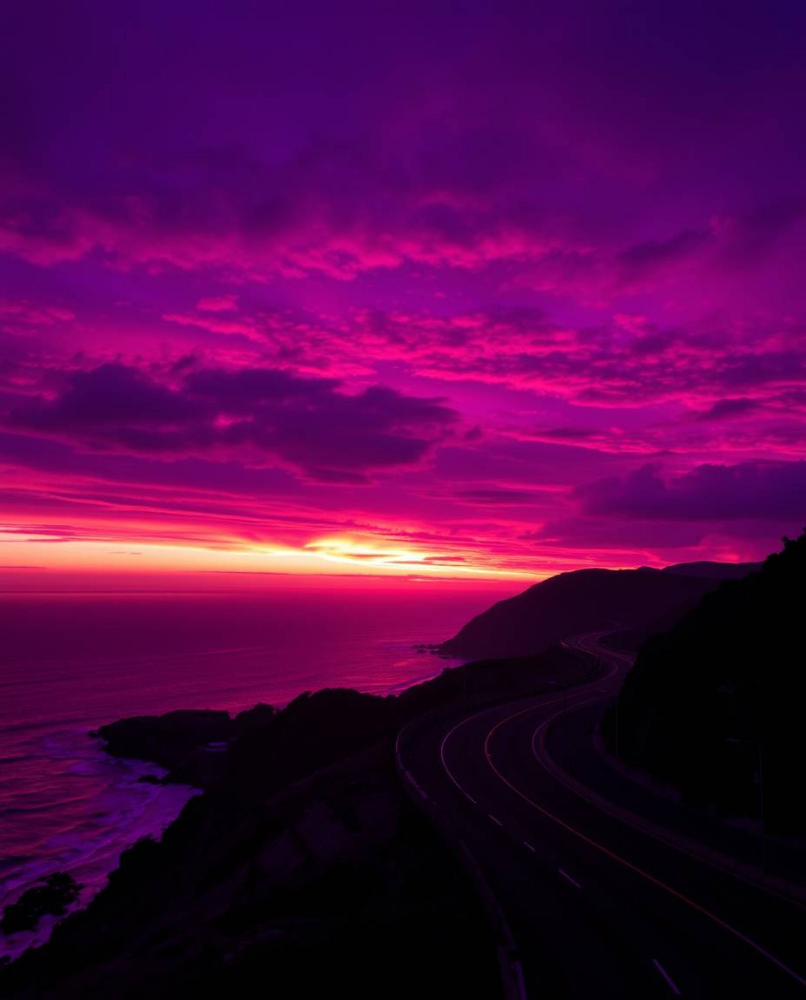 This photograph depicts a sunset sky in deep ultraviolet hues over a winding coastal highway. The image is characterized by i