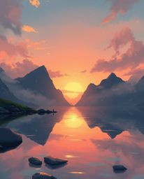 An Isekai anime style illustration depicting a glassy fjord reflecting a sunset. This artwork features an expressive composit