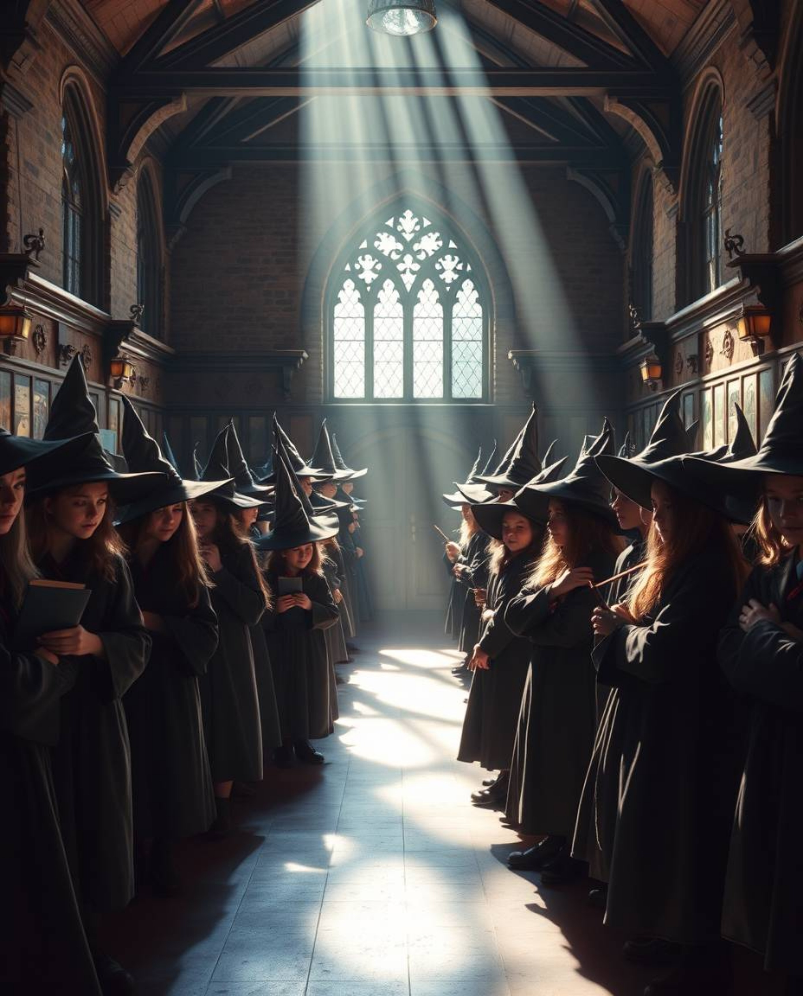 This high-resolution stock photo captures the enchanting atmosphere of a magical school teeming with young wizards. The scene