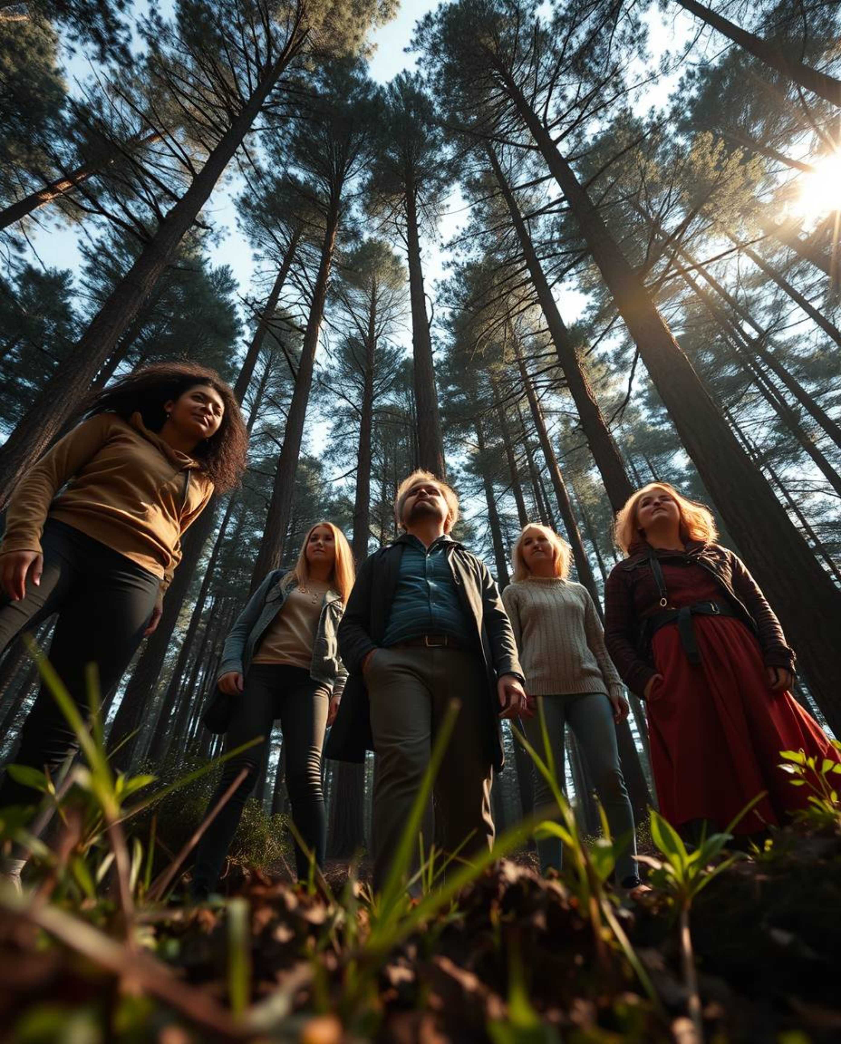 A captivating scene unfolds as a group of friends, each possessing unique powers, ventures into a mysterious forest. The low-