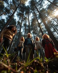 A captivating scene unfolds as a group of friends, each possessing unique powers, ventures into a mysterious forest. The low-