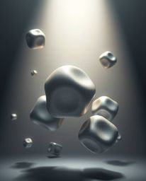 Explore a captivating visual experience featuring gentle soft light illuminating metallic 3D shapes with smooth textures, gra
