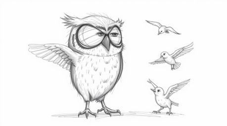 A heartwarming pencil sketch in the Pixar style depicts a blind owl, textured and rough, patiently teaching birds to fly. The