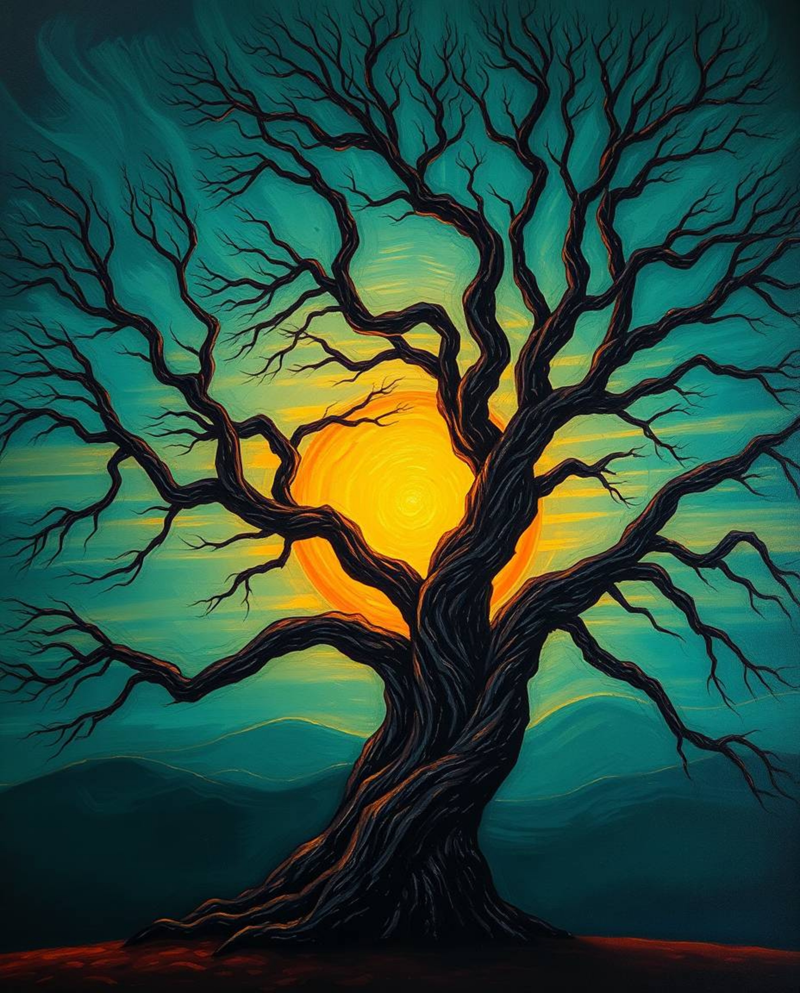 A rich deep teal sunset unfolds behind an old oak tree with twisted branches. This luxurious and vibrant scene is depicted wi