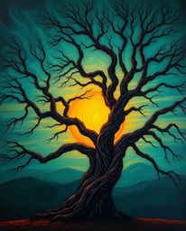 A rich deep teal sunset unfolds behind an old oak tree with twisted branches. This luxurious and vibrant scene is depicted wi