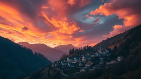 Discover a picturesque village nestled in a tranquil valley, bathed in the intense drama of a colorful, high-contrast sky.  T