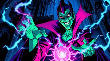 A captivating anime-style illustration depicts a classic Disney villain with emerald green skin, sharp features, casting a sp