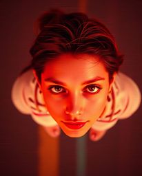 Explore captivating digital glitch art portraits from an overhead bird's eye view, showcasing corrupted data aesthetics and p