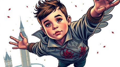 This vibrant art print features a young boy in a traditional tattoo style, soaring above London with a trail of pixie dust. T