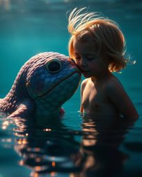 A captivating image depicting an unlikely friendship between a child with sun-kissed skin and a fantastical sea creature with