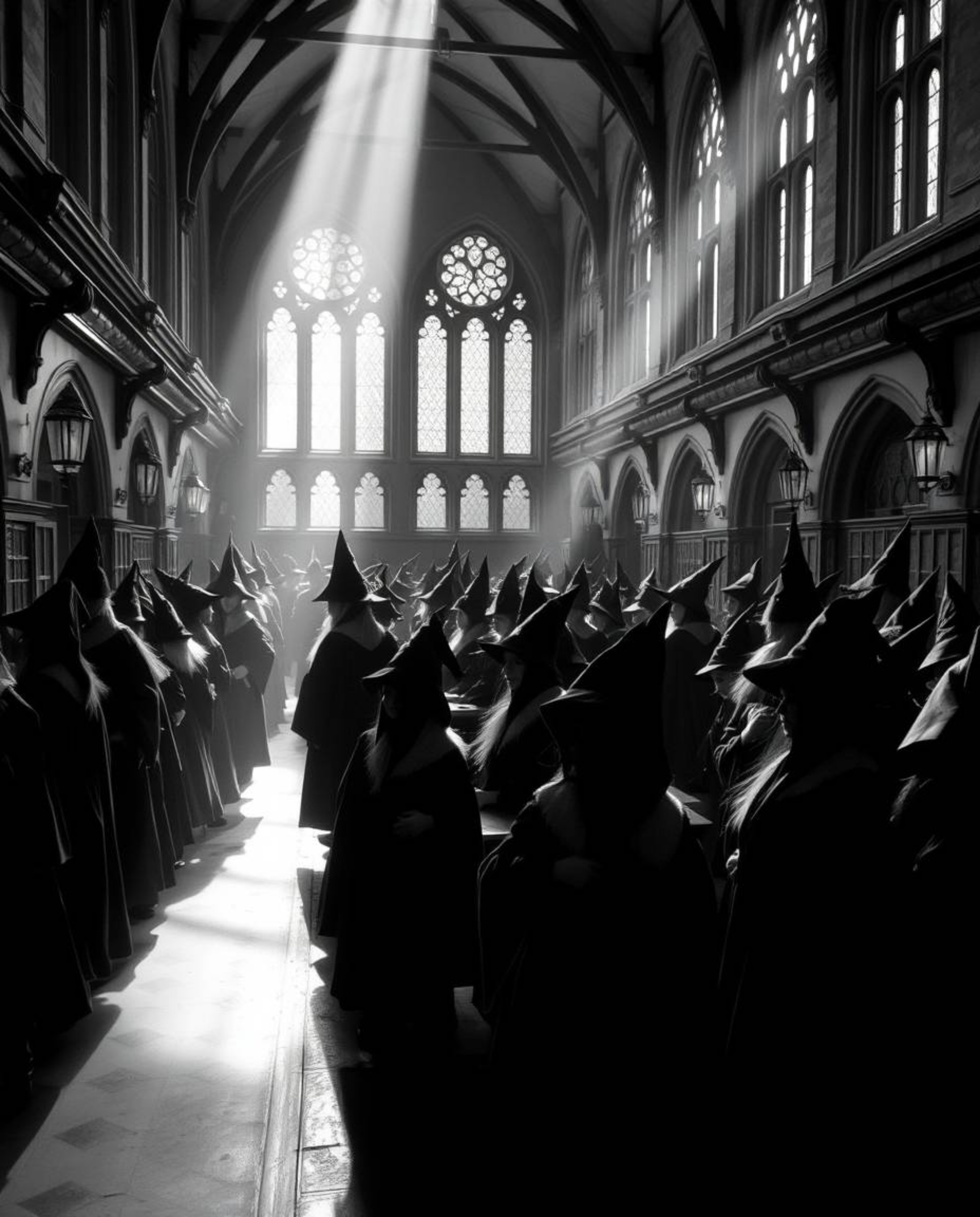 A classic black and white photograph depicting a magical school brimming with young wizards.  The image features gentle, soft