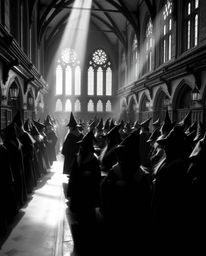 A classic black and white photograph depicting a magical school brimming with young wizards.  The image features gentle, soft