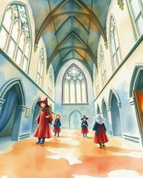 A captivating watercolor painting showcases a magical school teeming with young wizards, viewed from a dramatic low angle per