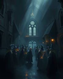 A captivating digital painting showcases a magical school shrouded in intense jet black, yet softly illuminated. Young wizard