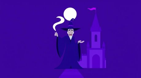 A classic Disney villain is depicted casting a spell within a minimalist, geometric castle. The modern flat design aesthetic 