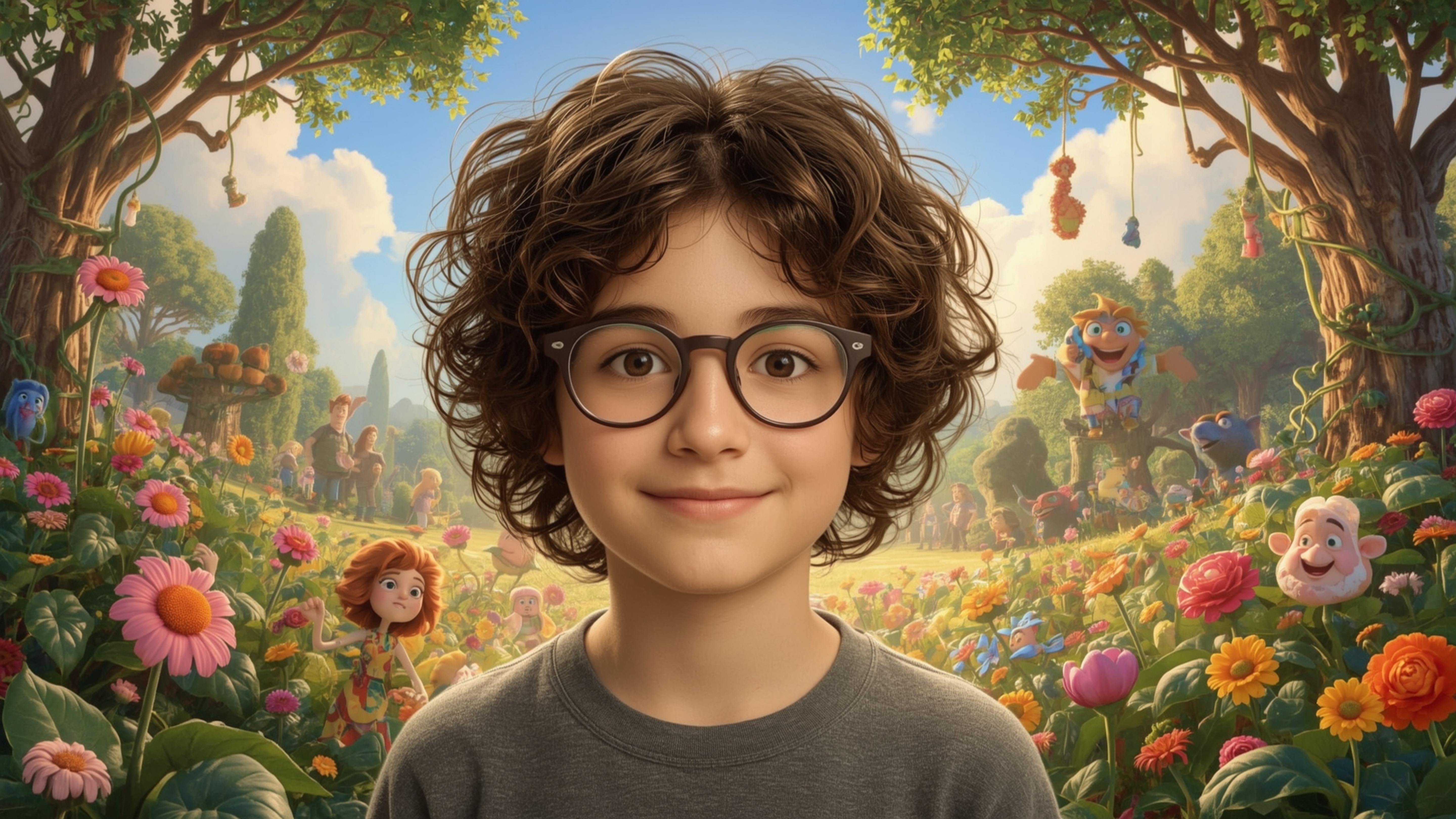 This highly detailed, high-resolution stock photo, reminiscent of a Pixar film, features a bright-eyed, homeschooled genius a