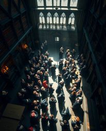 Experience a breathtaking high-angle view of a magical school teeming with young wizards, divided into unique sections. The s