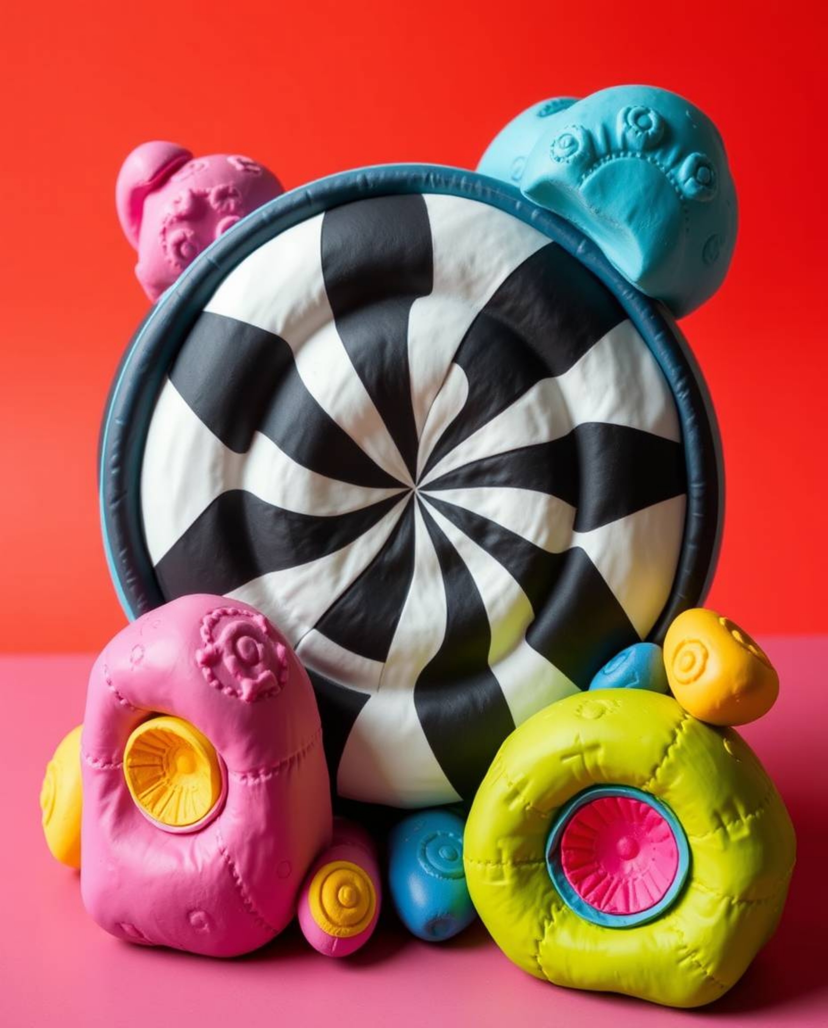 Explore stunning sculptural clay artwork boasting bright, vibrant colors and a captivating black and white geometric optical 