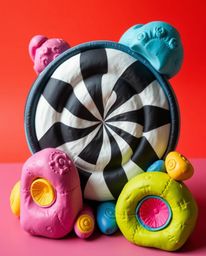 Explore stunning sculptural clay artwork boasting bright, vibrant colors and a captivating black and white geometric optical 