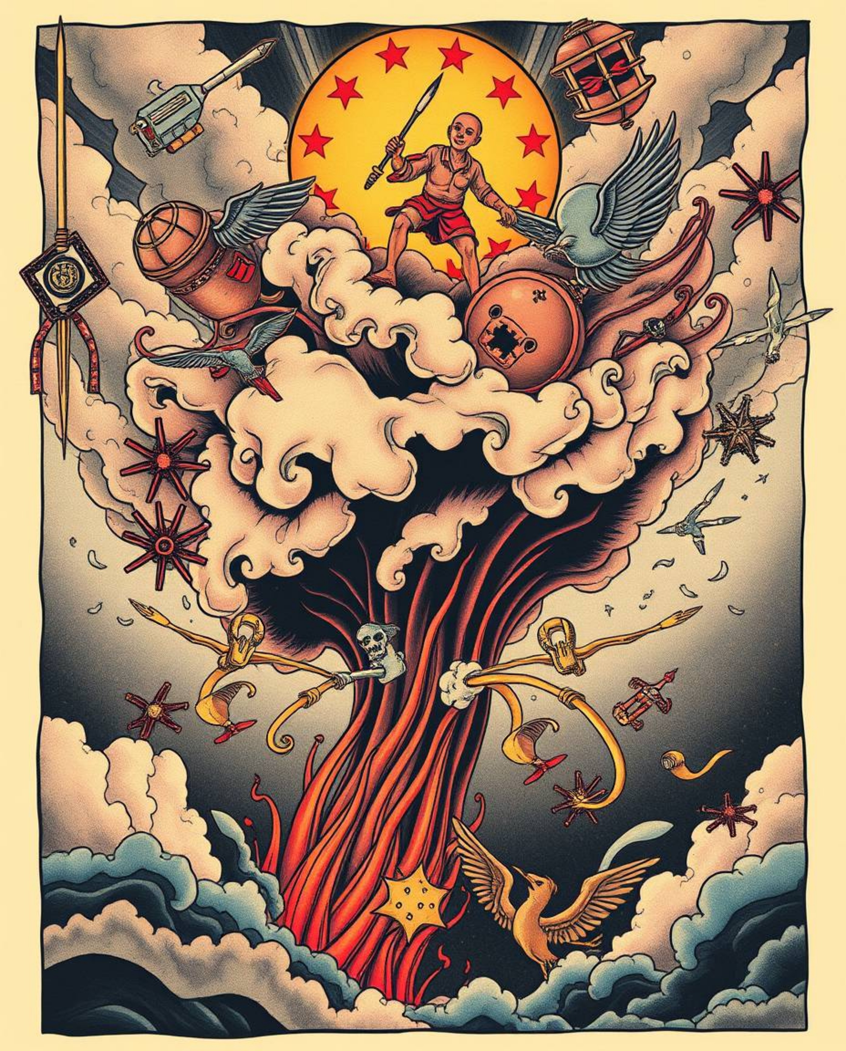 Experience a surreal storm with flying objects in this captivating artwork, featuring symbolic traditional tattoo art rendere