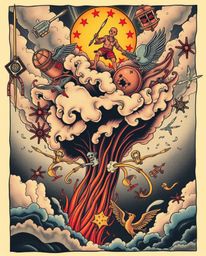 Experience a surreal storm with flying objects in this captivating artwork, featuring symbolic traditional tattoo art rendere