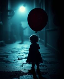 A captivating image of a child holding a balloon, set against a cool, eerie atmosphere.  The dark tones and unsettling detail