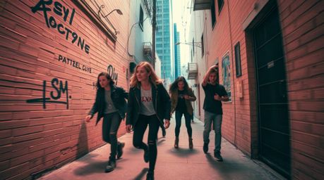 A dynamic and surreal infrared image capturing the essence of a grungy city alley, featuring rebellious teens in motion. The 