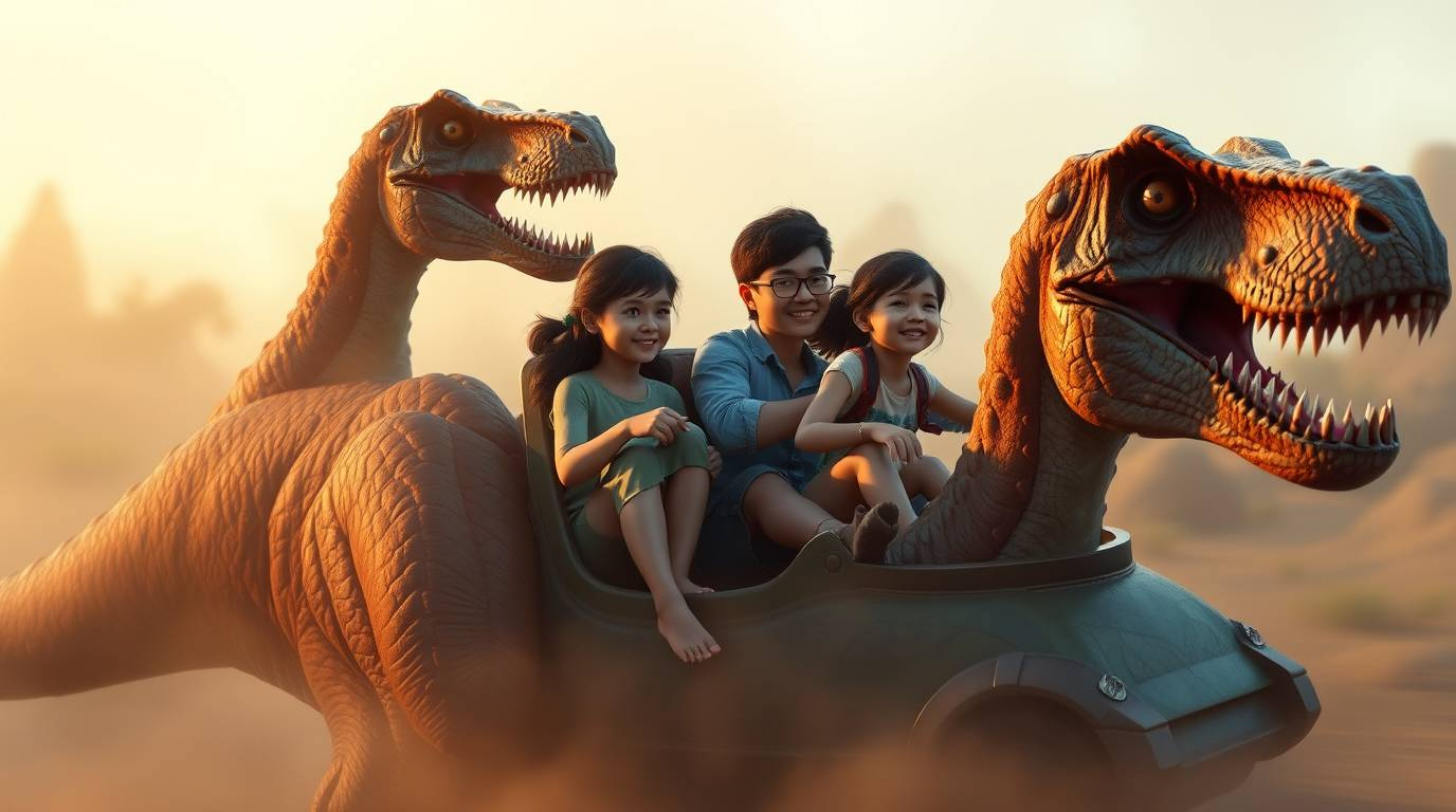 This digital painting depicts a whimsical scene of a prehistoric family joyfully riding in a dinosaur car. The artwork is cha