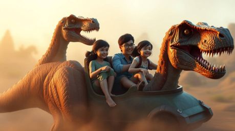 This digital painting depicts a whimsical scene of a prehistoric family joyfully riding in a dinosaur car. The artwork is cha
