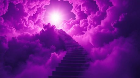 A captivating image depicting a surreal stairway ascending through smoky clouds towards a brilliant celestial light.  Vivid p