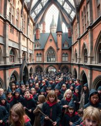 Capture the essence of a magical school through a precise architectural color photograph, showcasing young wizards within its