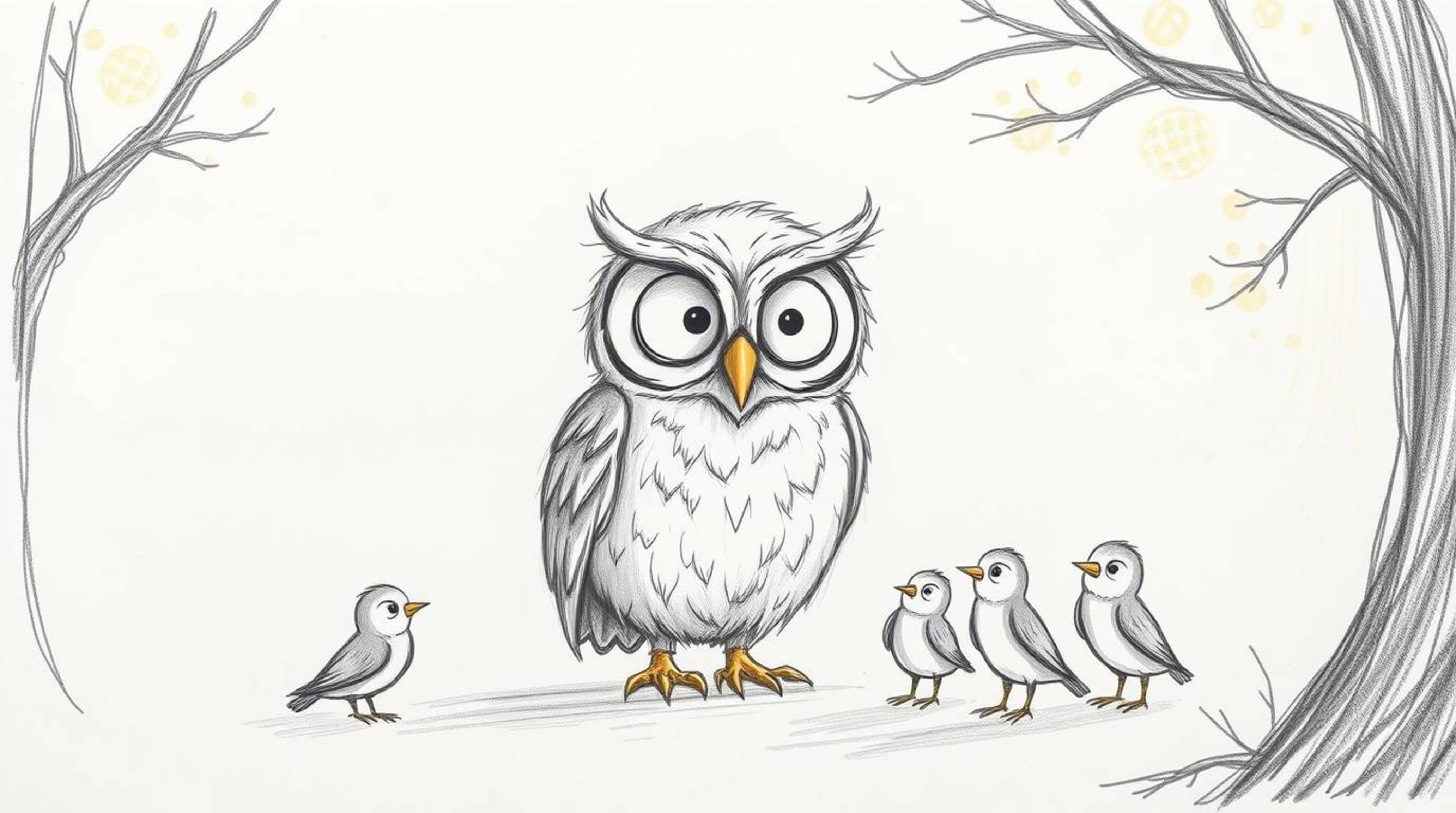 A captivating hand-drawn sketch in the style of Pixar, depicting a wise blind owl with fluffy feathers and large, sightless e