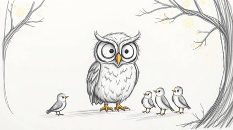 A captivating hand-drawn sketch in the style of Pixar, depicting a wise blind owl with fluffy feathers and large, sightless e