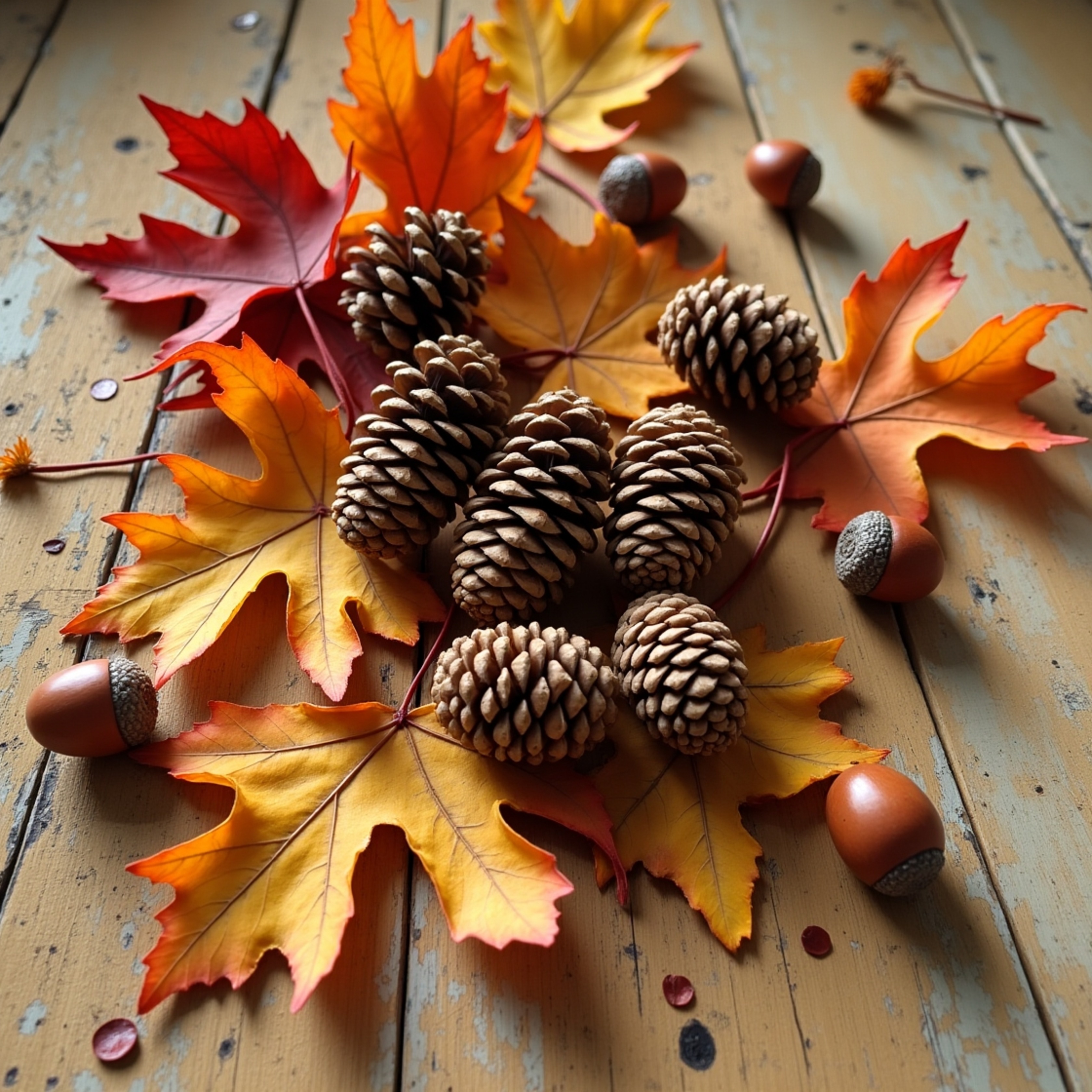 Capture the essence of autumn with this rustic still life arrangement. A weathered wooden table, bathed in a warm golden-brow