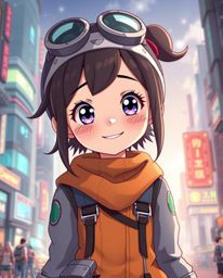 Discover a charming young inventor girl with expressive eyes and a bright smile, navigating a vibrant futuristic city. This c