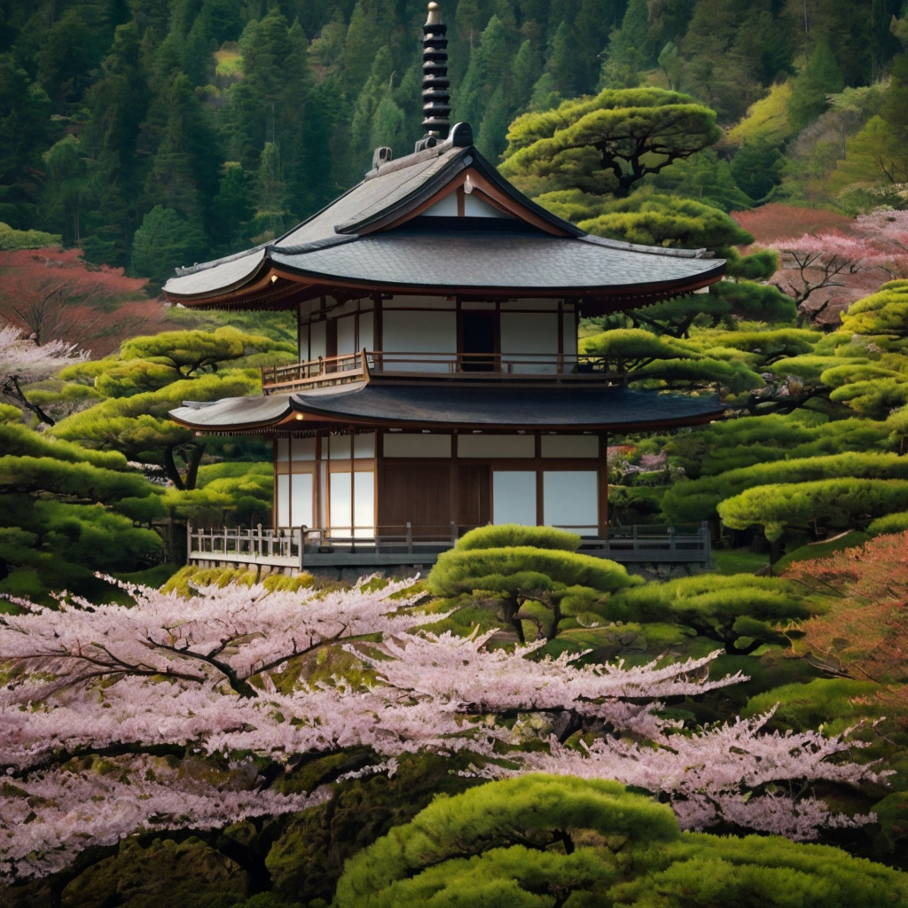 Immerse yourself in the serene beauty of Japan with this captivating image of a traditional Japanese pagoda gracefully rising
