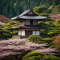 Immerse yourself in the serene beauty of Japan with this captivating image of a traditional Japanese pagoda gracefully rising
