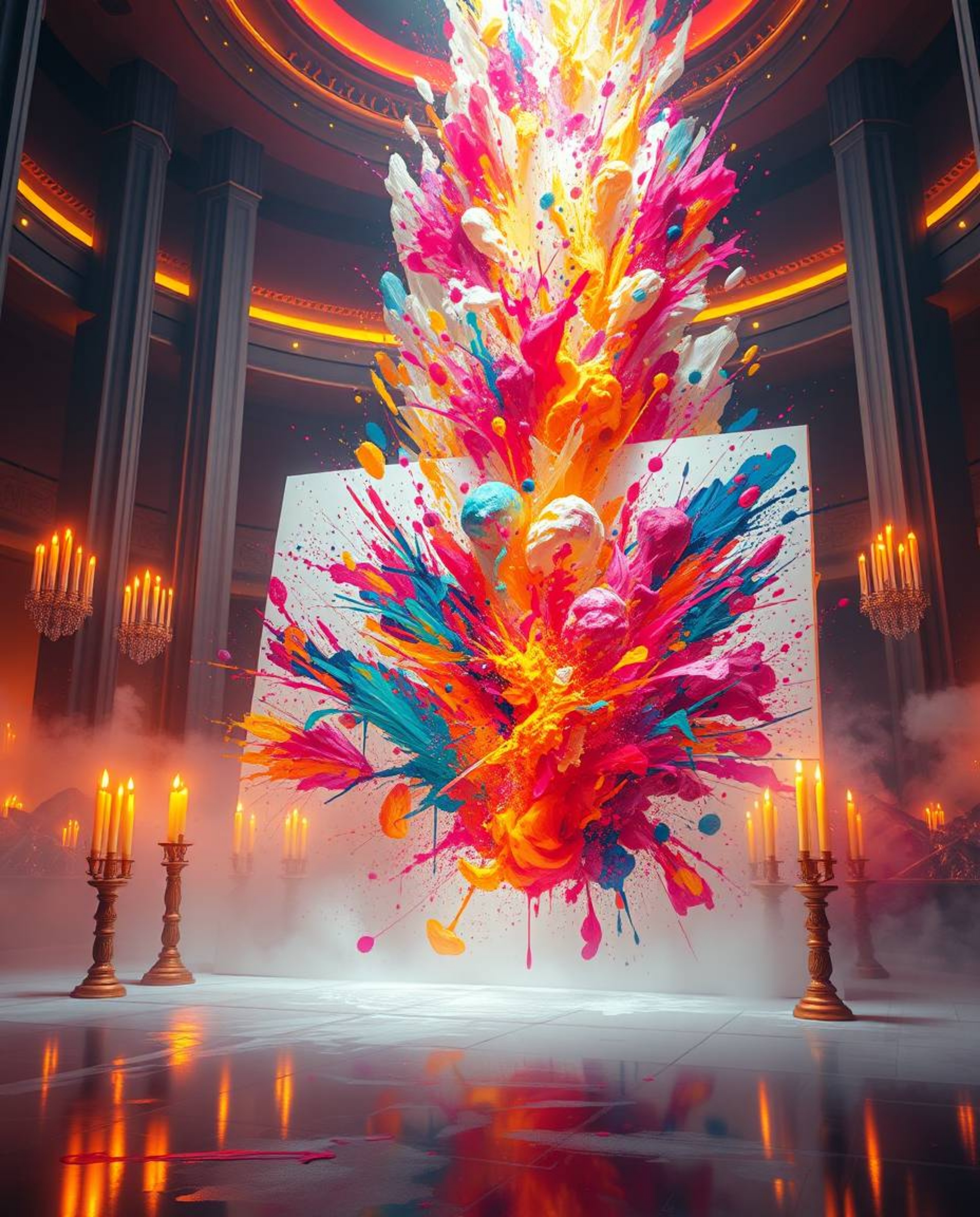 Immerse yourself in a modern, futuristic grand epic scene bathed in the warm glow of candlelight. Witness a vibrant explosion