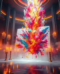 Immerse yourself in a modern, futuristic grand epic scene bathed in the warm glow of candlelight. Witness a vibrant explosion