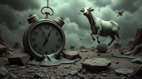 Explore a surreal dreamscape rendered in sculptural clay art, featuring melting clocks and floating cows. This piece showcase