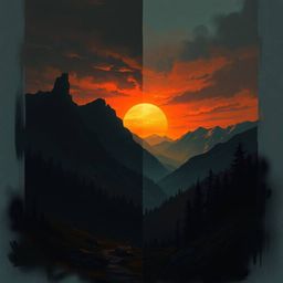 This digital painting captures an eerie and unsettling sunset over a quiet mountain valley.  The artwork features a distinct 