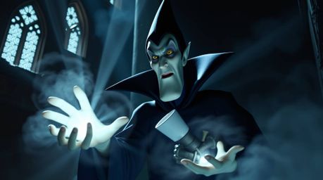 This image features a classic Disney villain with striking facial features and pale skin, conjuring a spell within the ancien