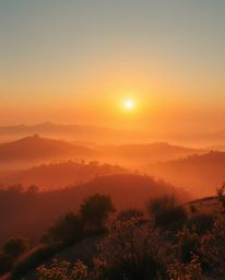 This is a high-angle digital painting of a serene Tuscan sunset over misty, rolling hills. Bathed in the warm, soft light of 